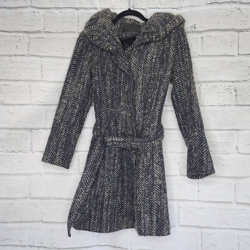 Zara Basic Women's Gray Textured Tweed Full Zip Lined Hooded Coat Size Small